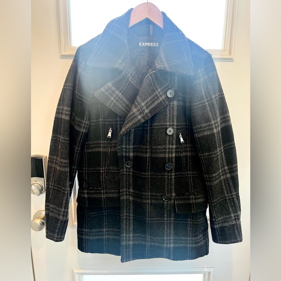 Express Men’s Plaid Wool Double Breasted Coat S - Picture 1 of 5